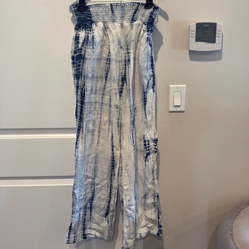 Bella Dahl tie dye shibori white and blue wide leg linen slowly pants size med